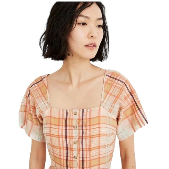 Madewell Silk Blend Orange Shimmer Plaid Mini Dress 2 NWT prairie boho - Picture 2 of 15